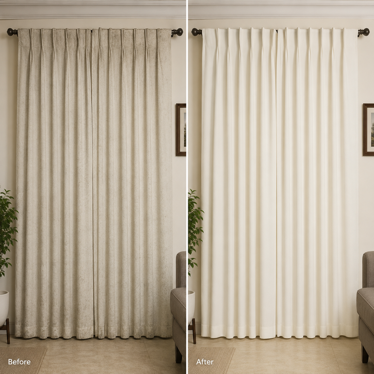 Floor length drapes before and after cleaning