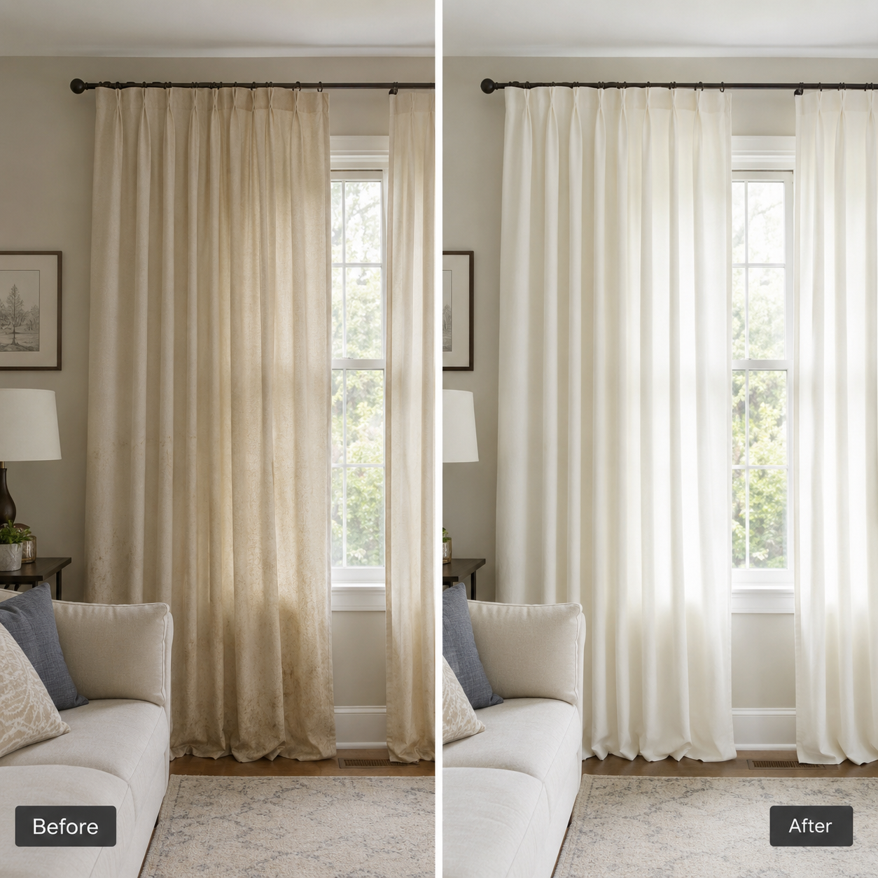 Pinch pleat lounge curtains before and after cleaning